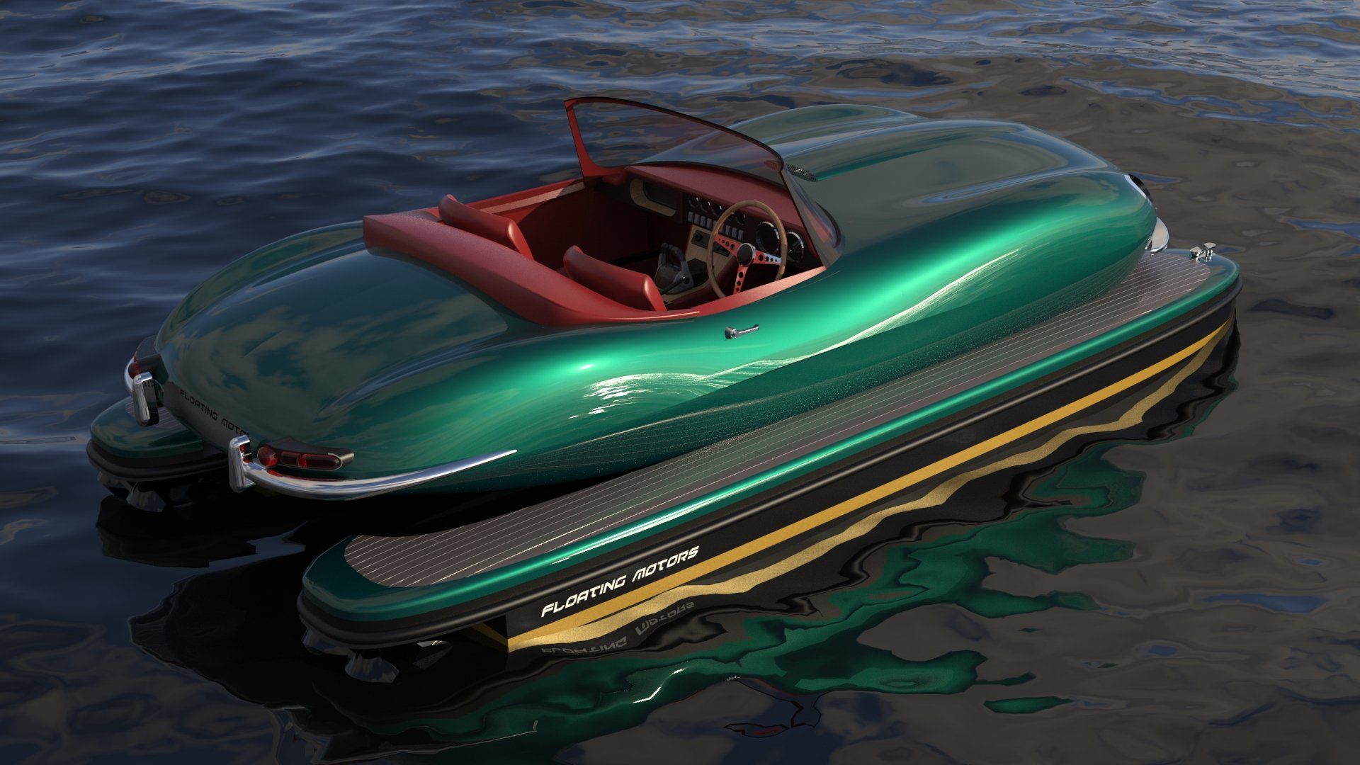 A picture of a resto-modded boat car designed by Floating Motors.