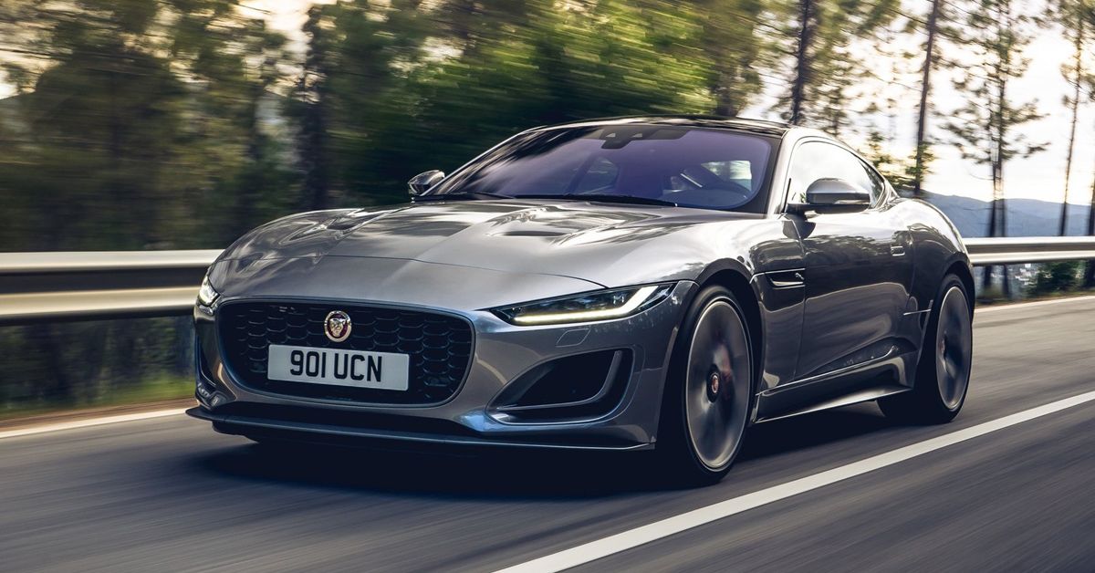 Silver 2021 Jaguar F-Type Sports Car on the road