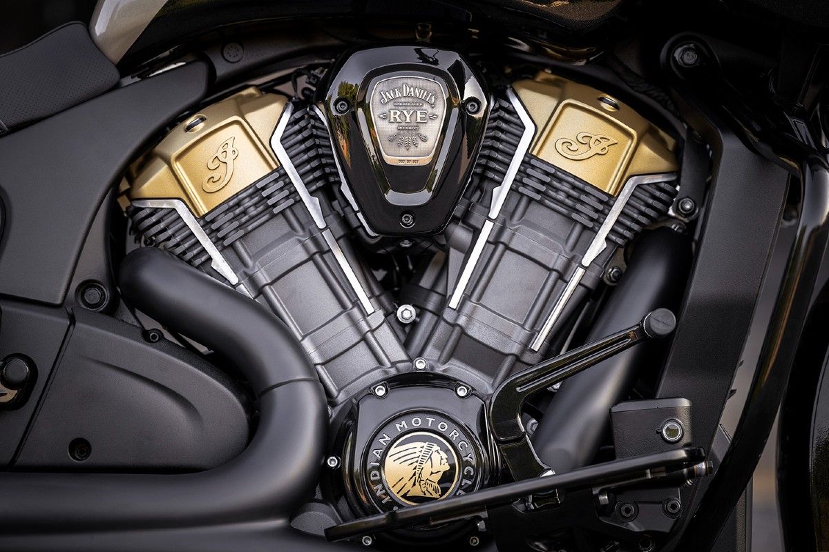 A closeup of the engine on a 2022 Jack Daniel’s Limited Edition Indian Challenger Dark Horse.