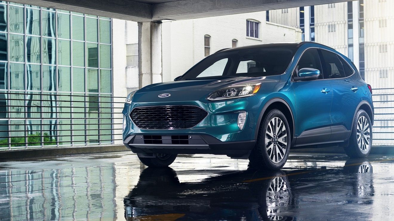 A Blue 2021 Ford Escape PHEV In A Showroom