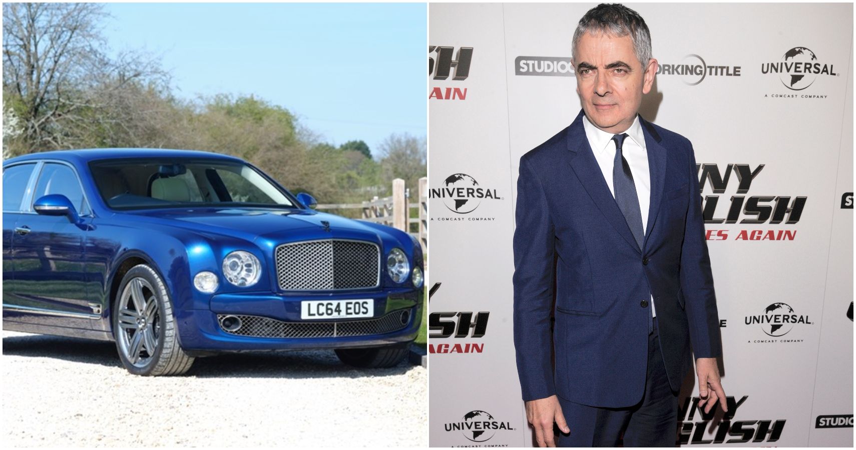A Collage Of Rowan Atkinson And A Blue Bentley