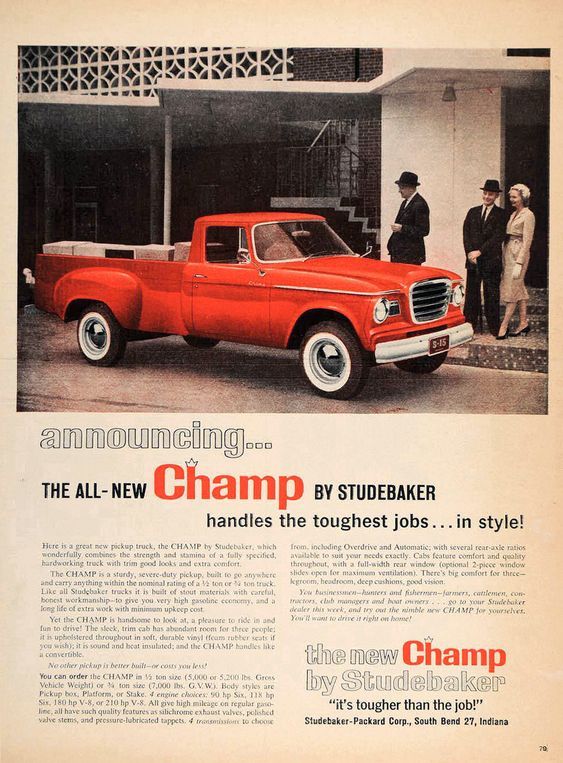 An ad for Studebaker Champ Pickup Truck from 1960.