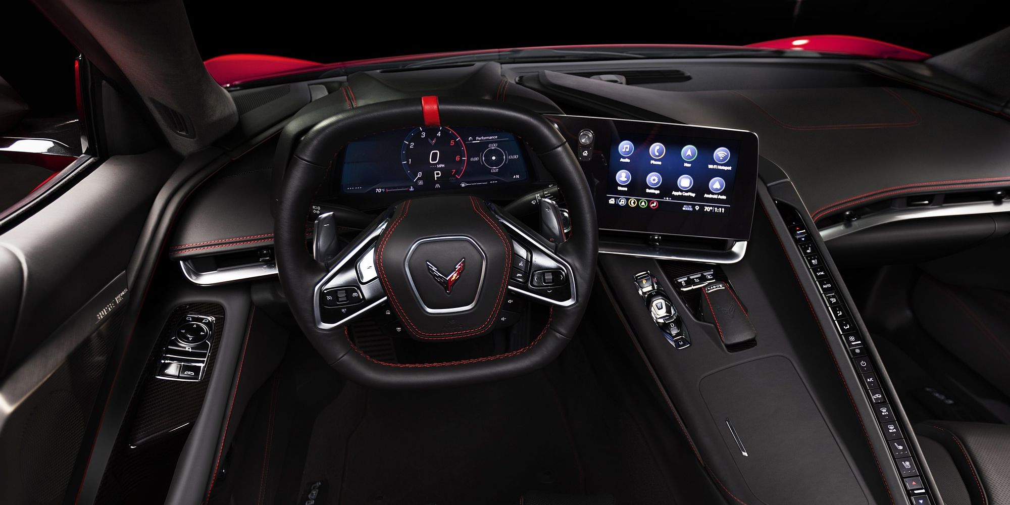 The interior of the Corvette Stingray, behind the wheel
