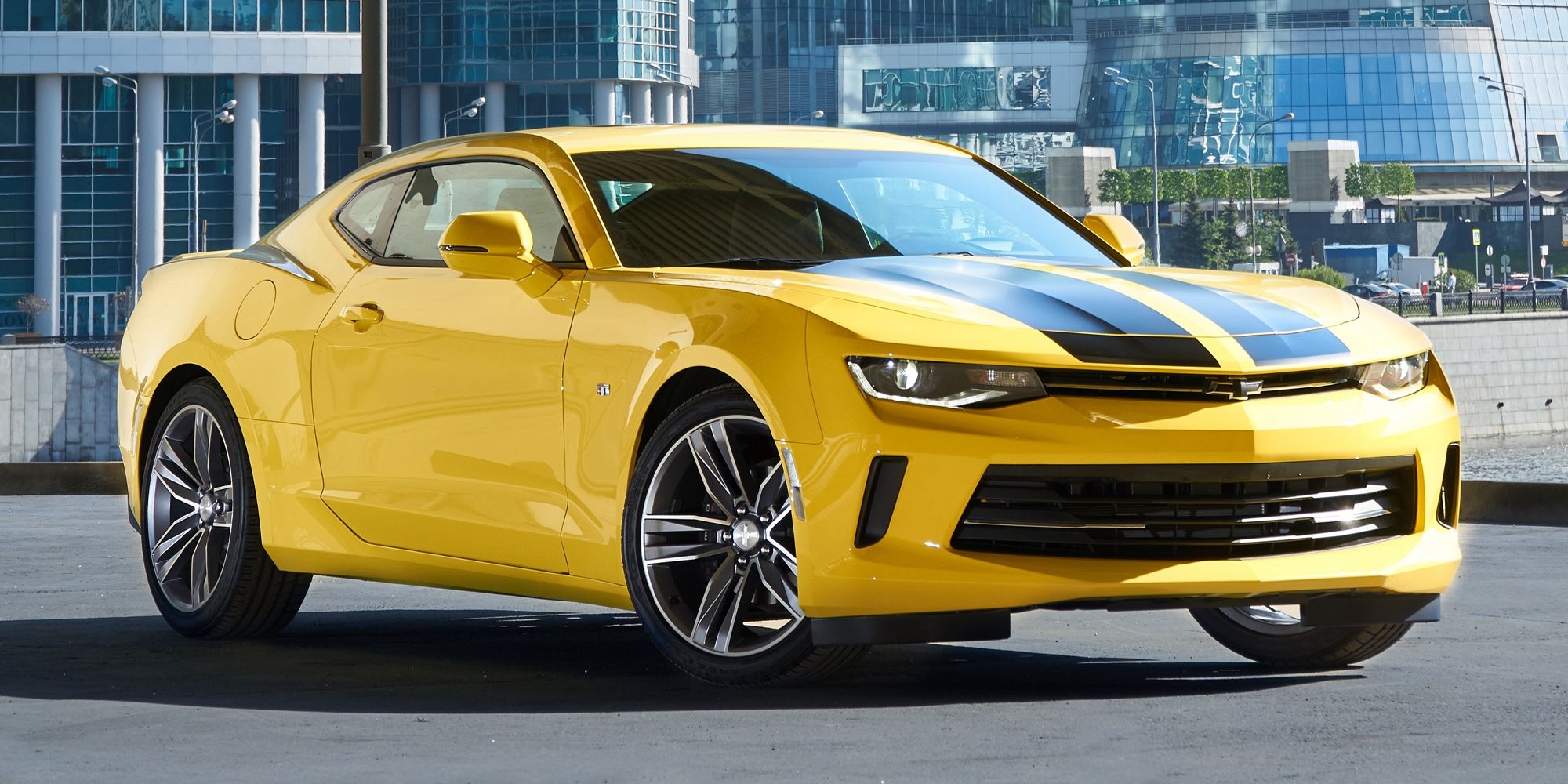 The front of a yellow Camaro