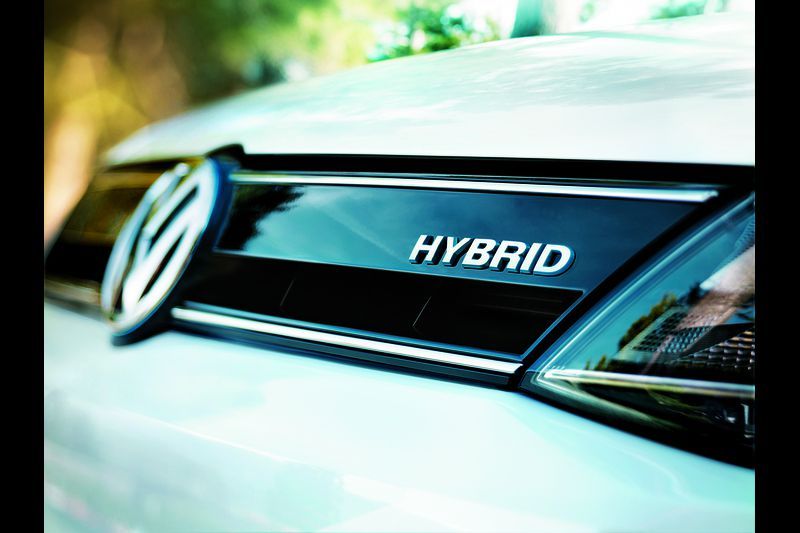close-up of VW Jetta Hybrid logo