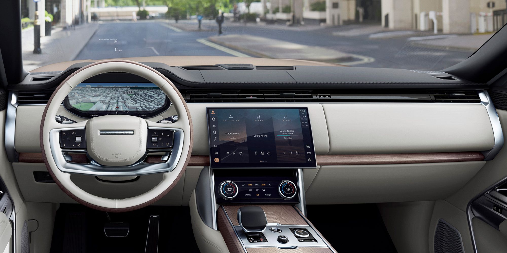 The interior of the new Range Rover, behind the wheel
