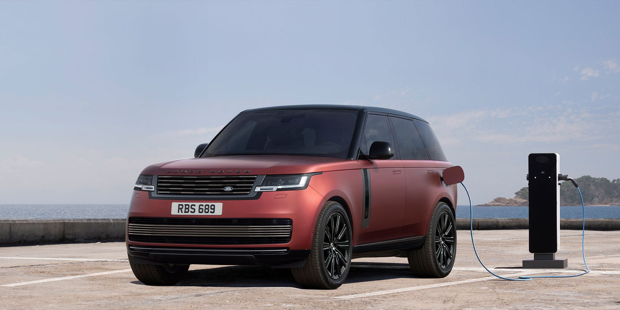 The front of the new Range Rover, plugged in