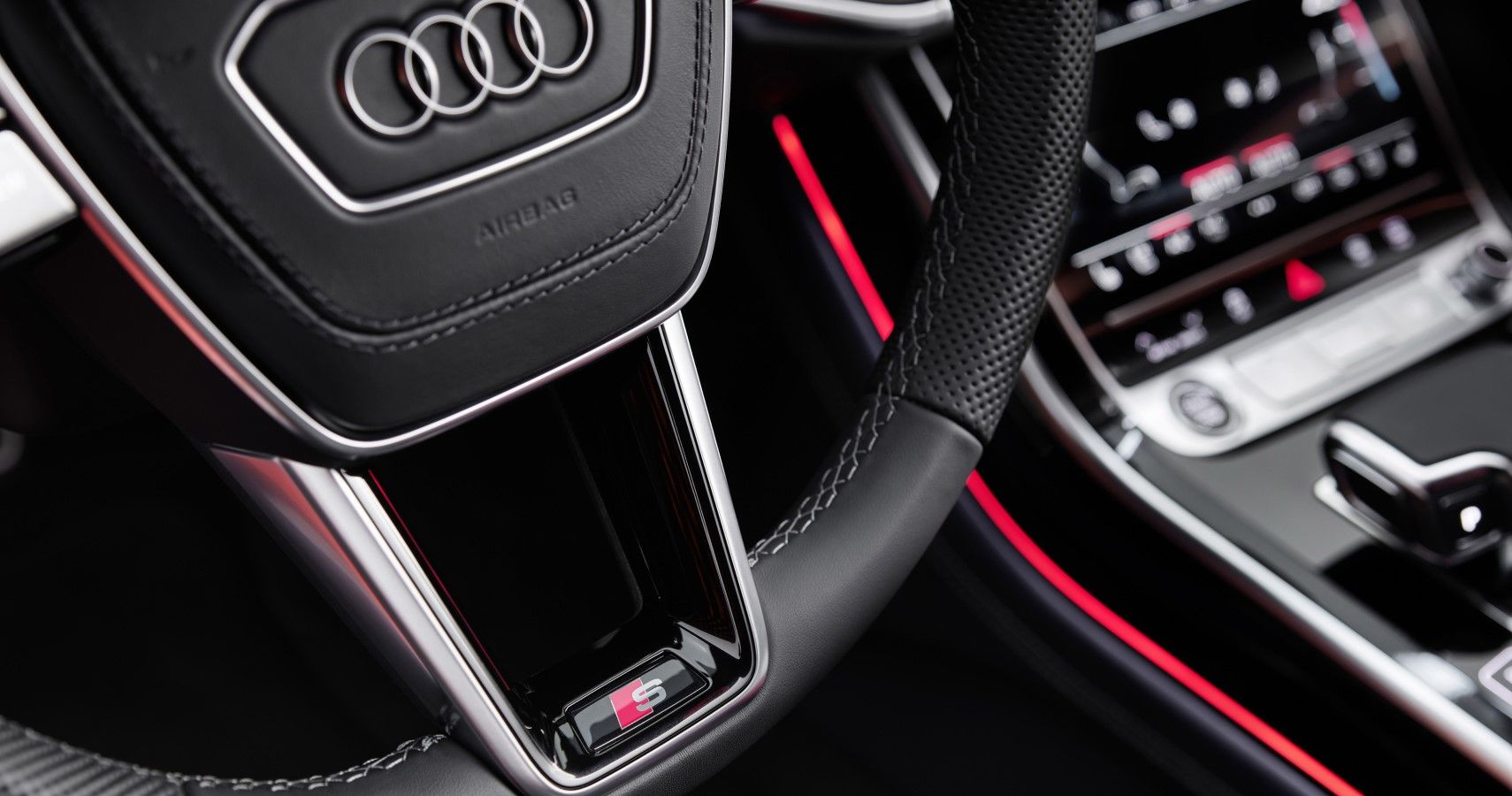 2022 Audi A8 S-line badging on the steering wheel