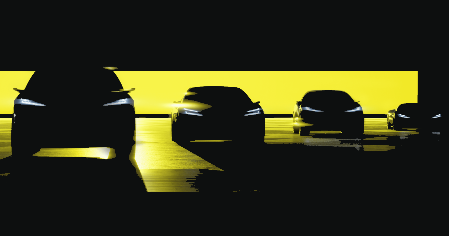 Lotus Type 132 teaser image with 3 other EVs - a 4-door sedan, another SUV, and a sports coupe