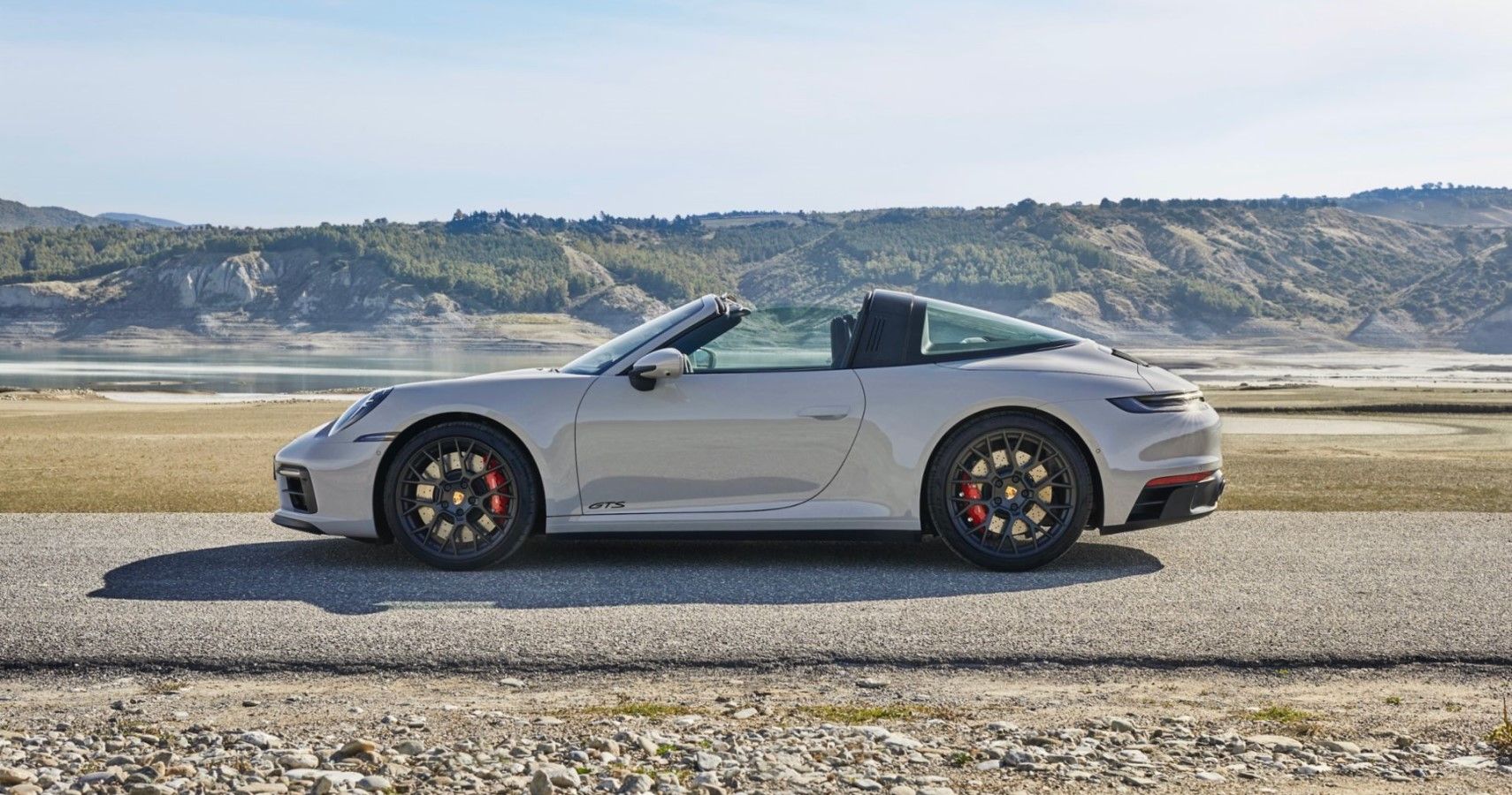2022 Porsche 911 Targa 4 GTS side view with roof down