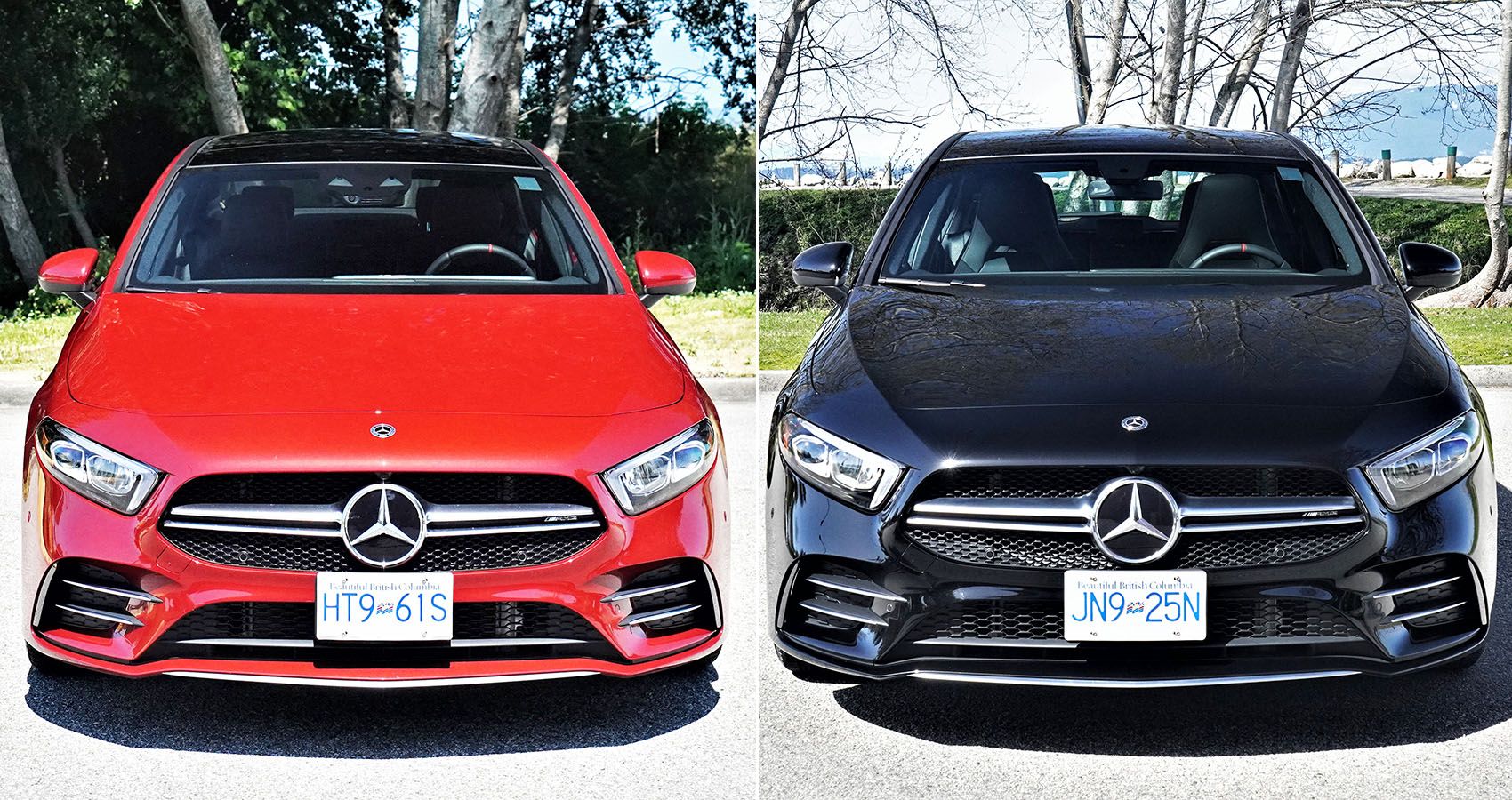 The 2021 Mercedes-AMG A35 4Matic Sedan and Hatch shown head-on.