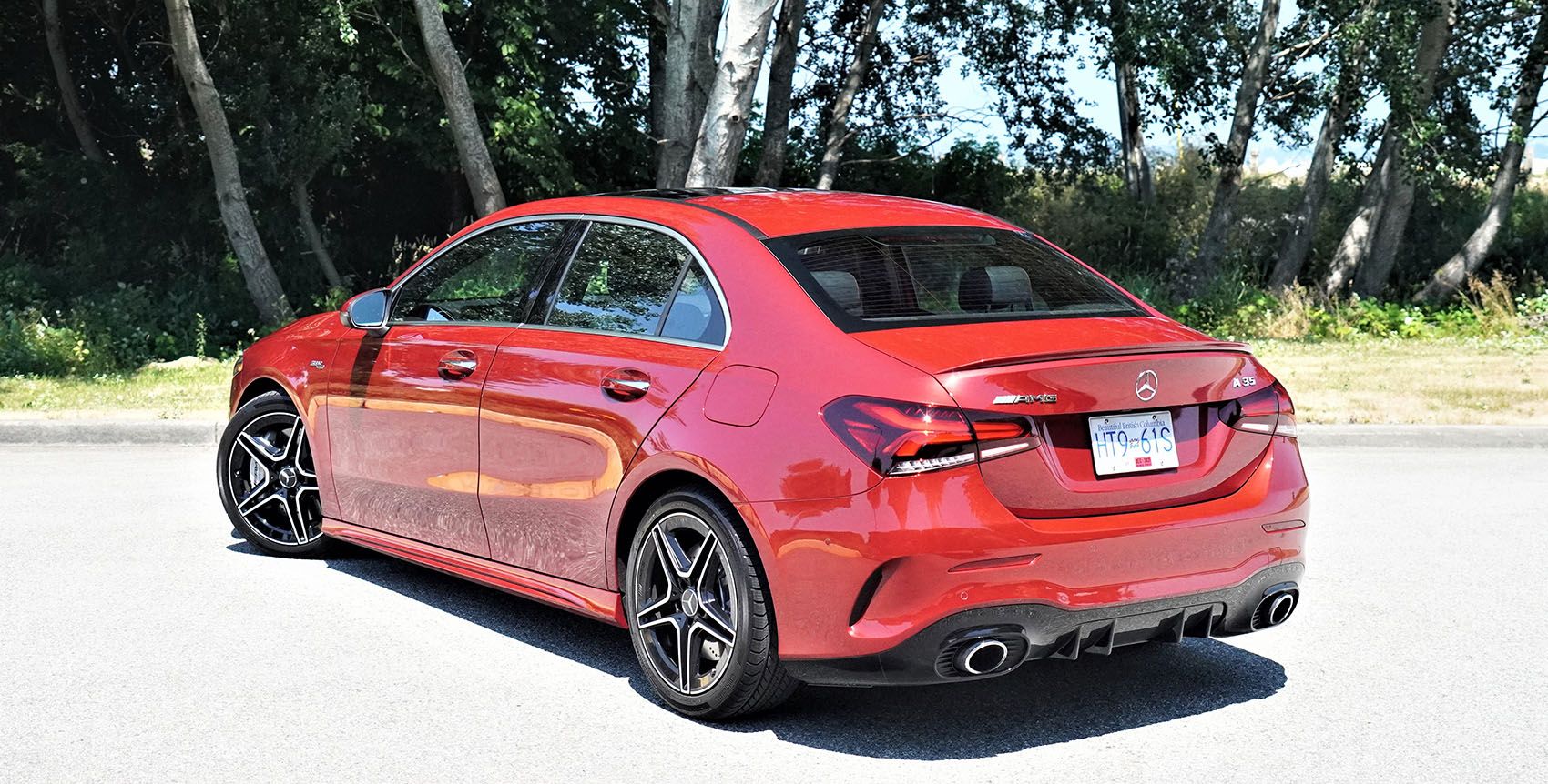 The 2021 Mercedes-AMG A35 4Matic Sedan as seen from its rear three-quarter view.