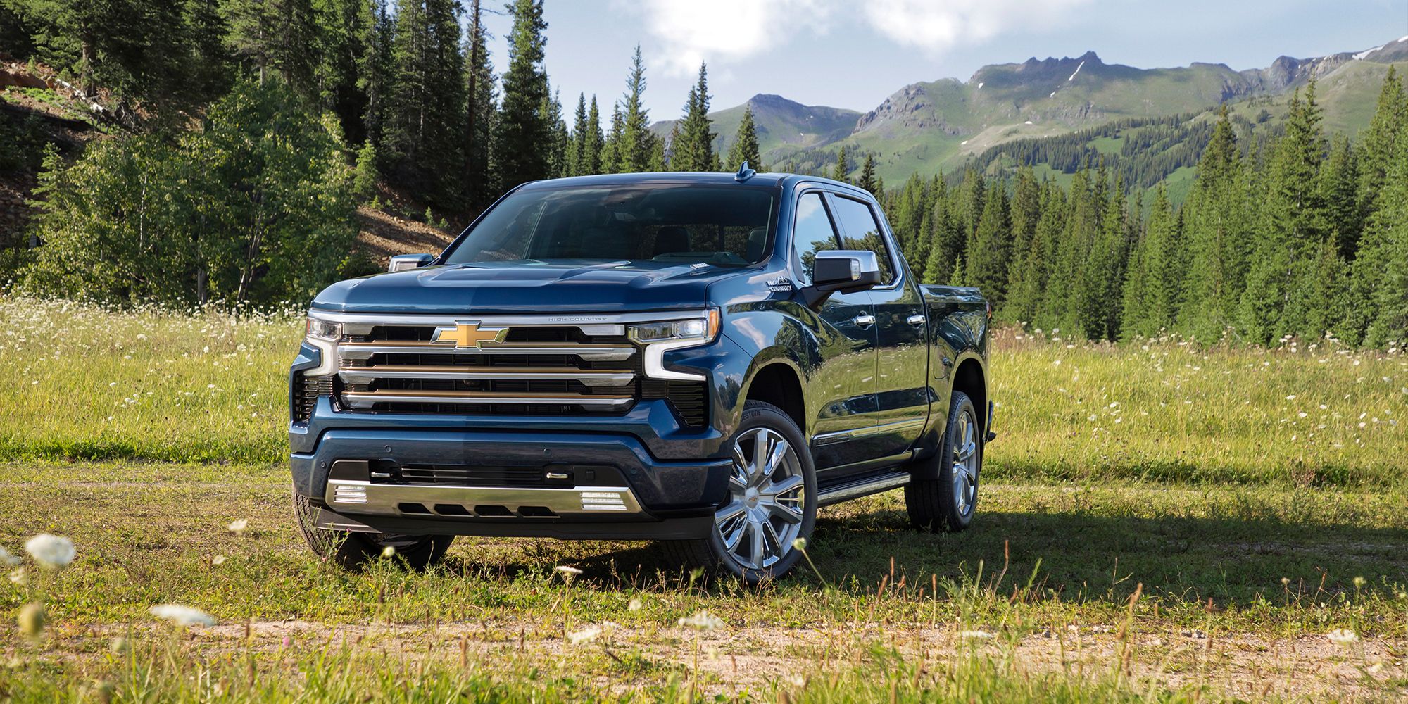 The front of a blue Silverado High Country