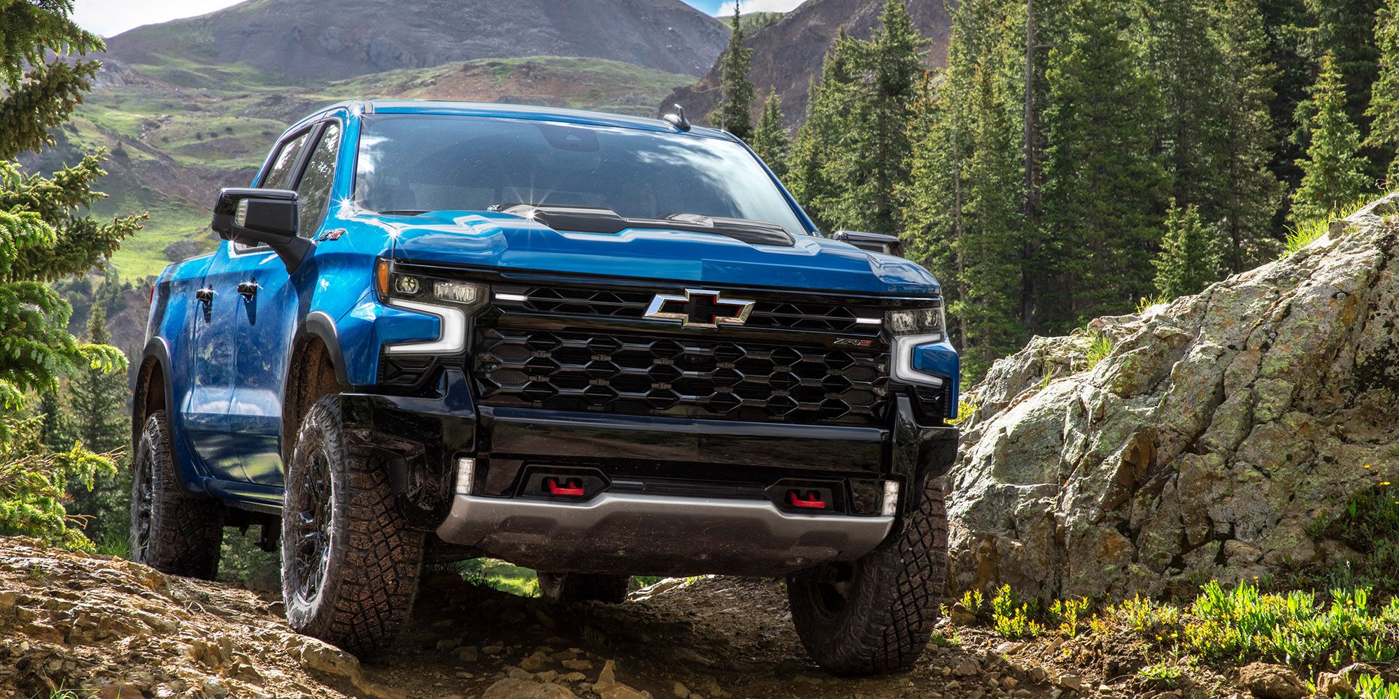 The front of the Silverado ZR2 on a rocky trail