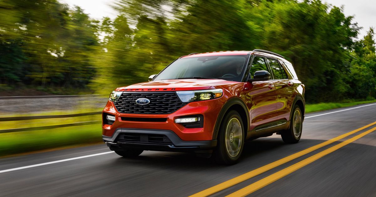 Red 2023 Ford Explorer SUV on the road