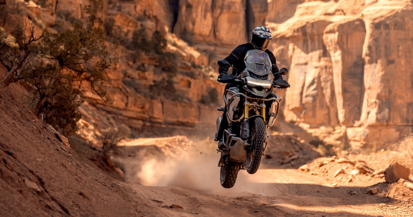 A rider exploring off-road on a 2022 Triumph Tiger 1200 Rally Pro.