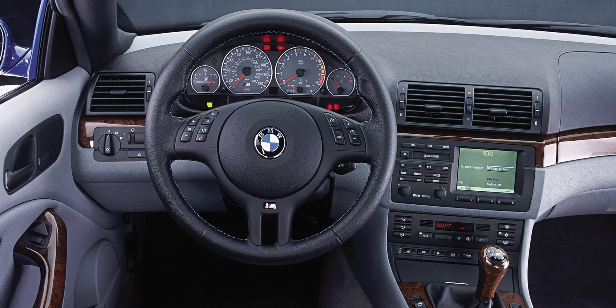 The E46 M3's interior, behind the wheel