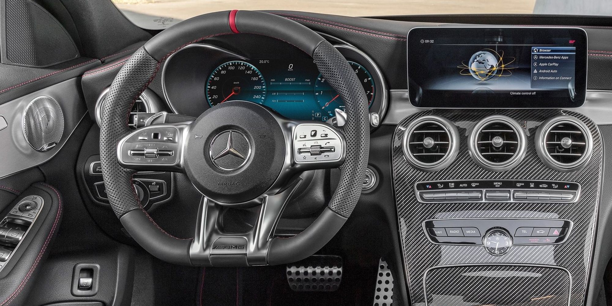 The interior of the C43 AMG, behind the wheel