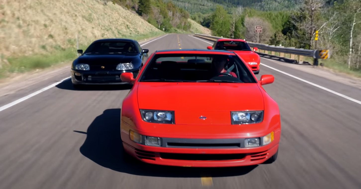 Red Nissan 300ZX black Toyota Supra and red Mazda RX7 on the road