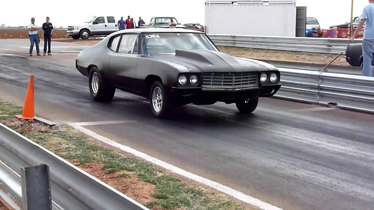 1970 buick skylark makes a pass with a shot of nitrous