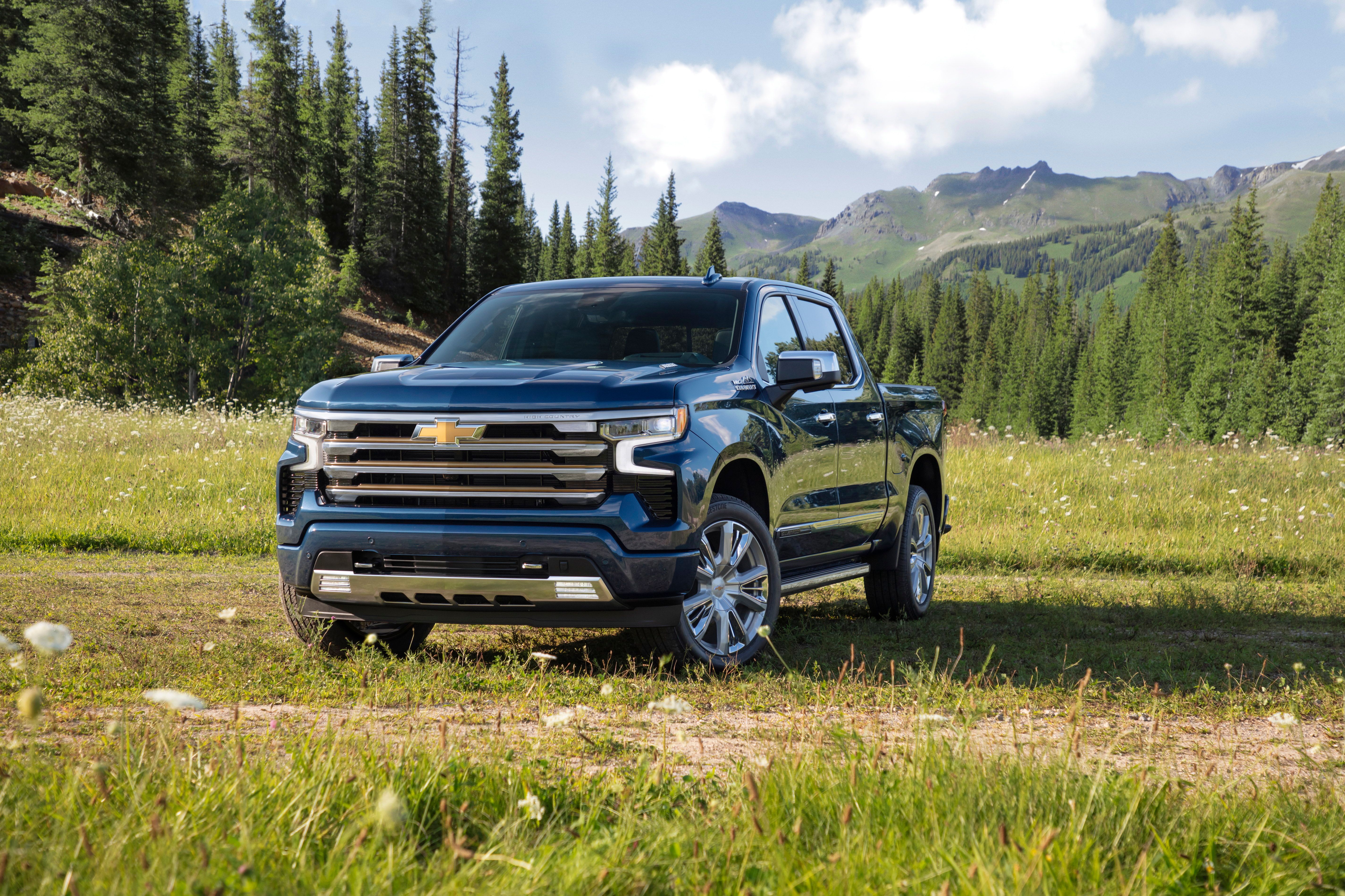 Blue 2022 Chevy Silverado Parked In The Countryside