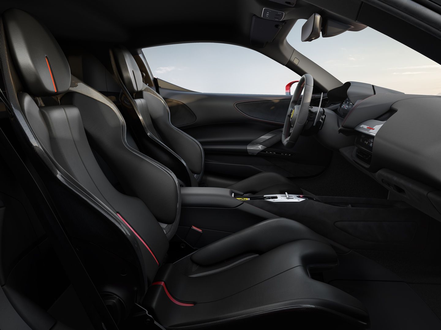 2021 Ferrari SF90 Stradale interior with black leather bucket seats