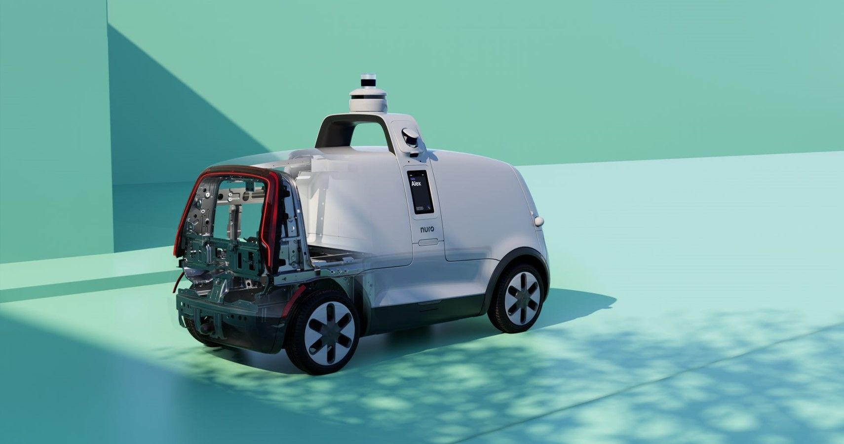 Nuro autonomous vehicle rear third quarter view