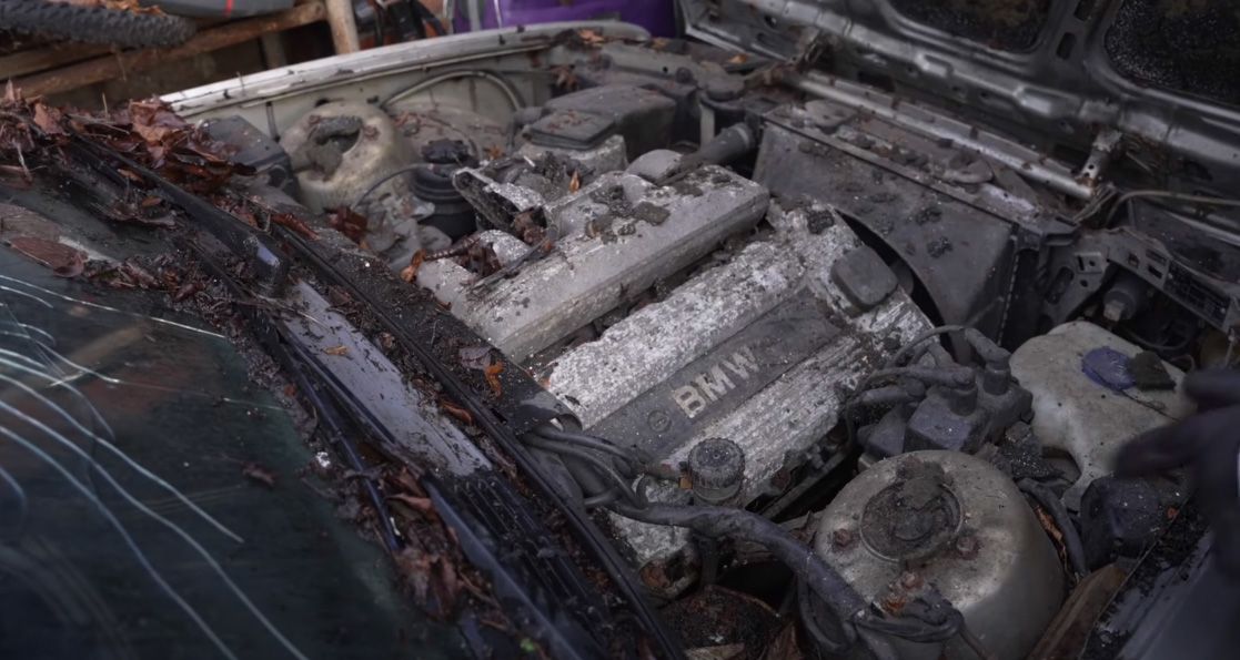 Engine inside a burned out BMW E30