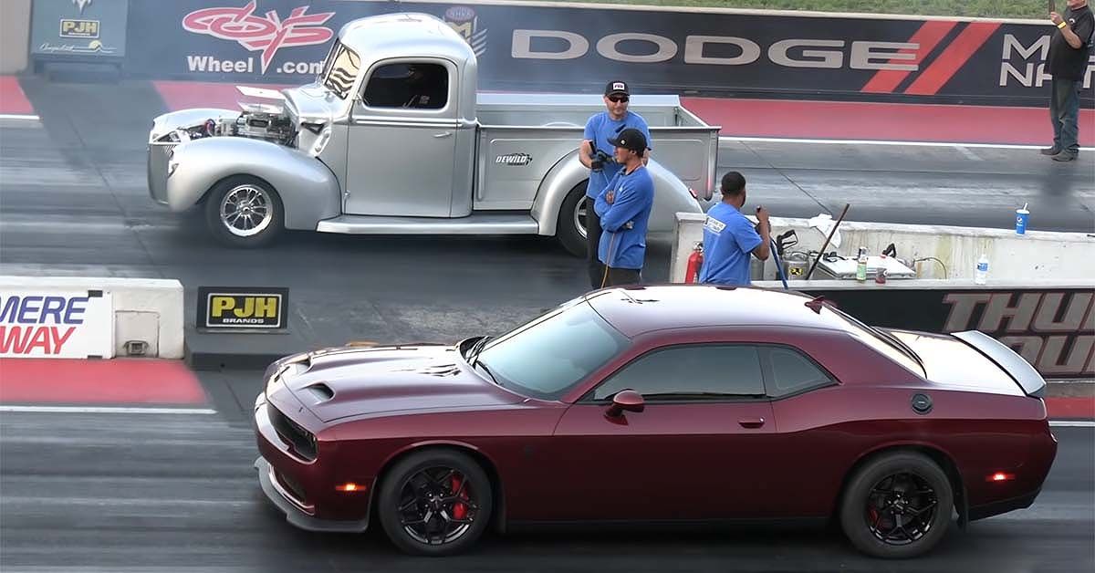Hot Rod Pickup Truck Against A Dodge Hellcat Challenger In A Drag Race 