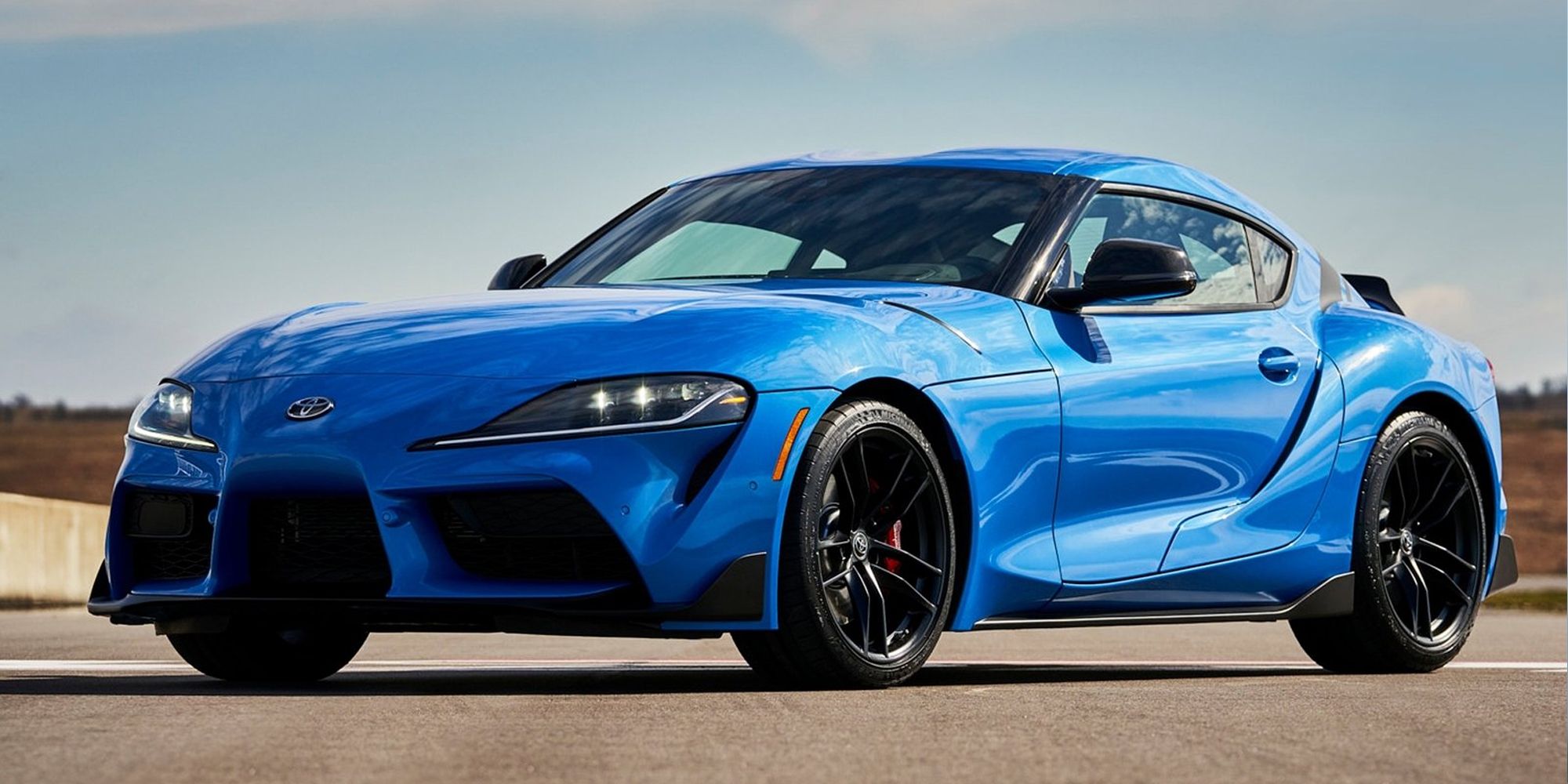 Front 3/4 view of a blue GR Supra