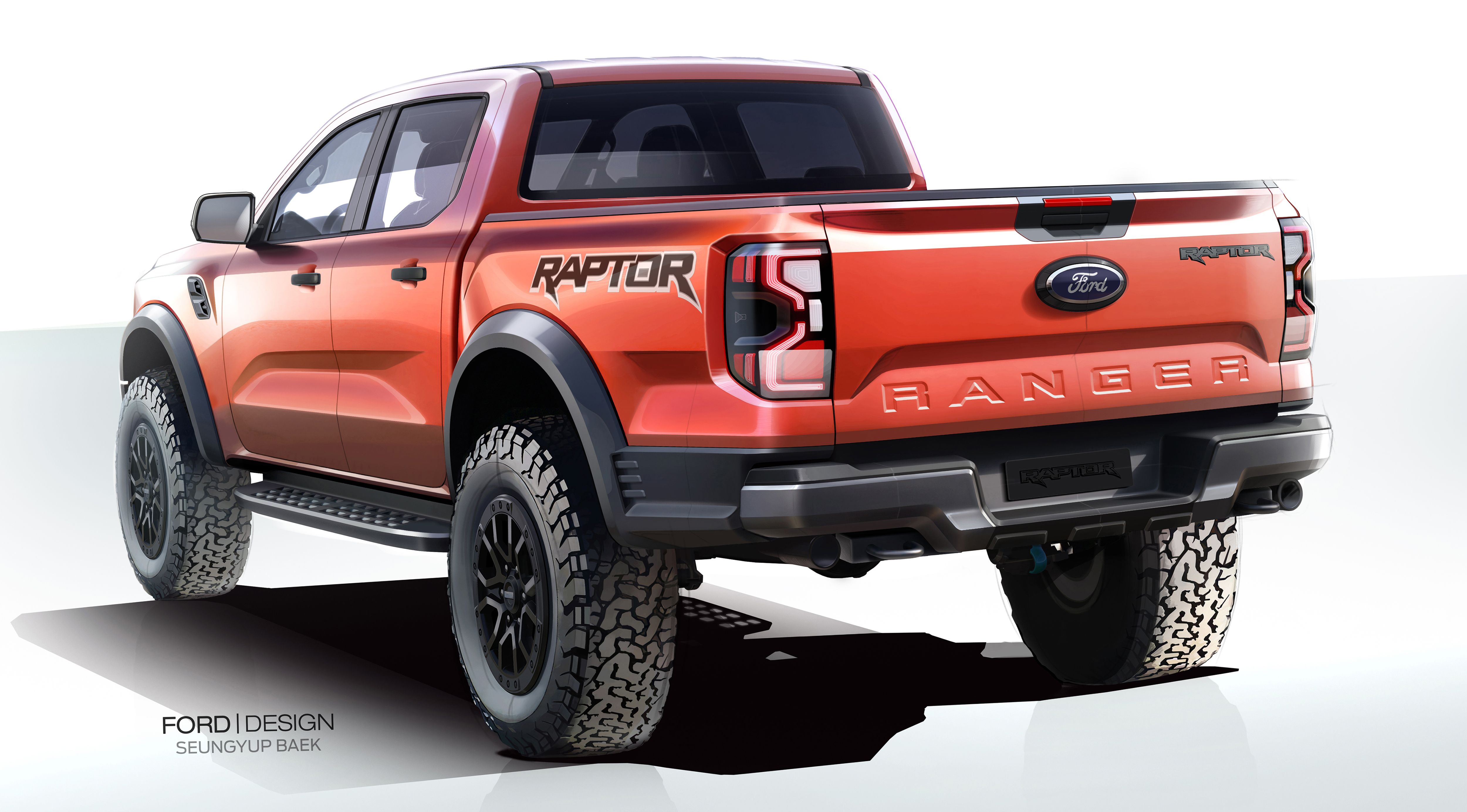 2023 Ford Ranger Raptor, red, rear quarter view, white backdrop