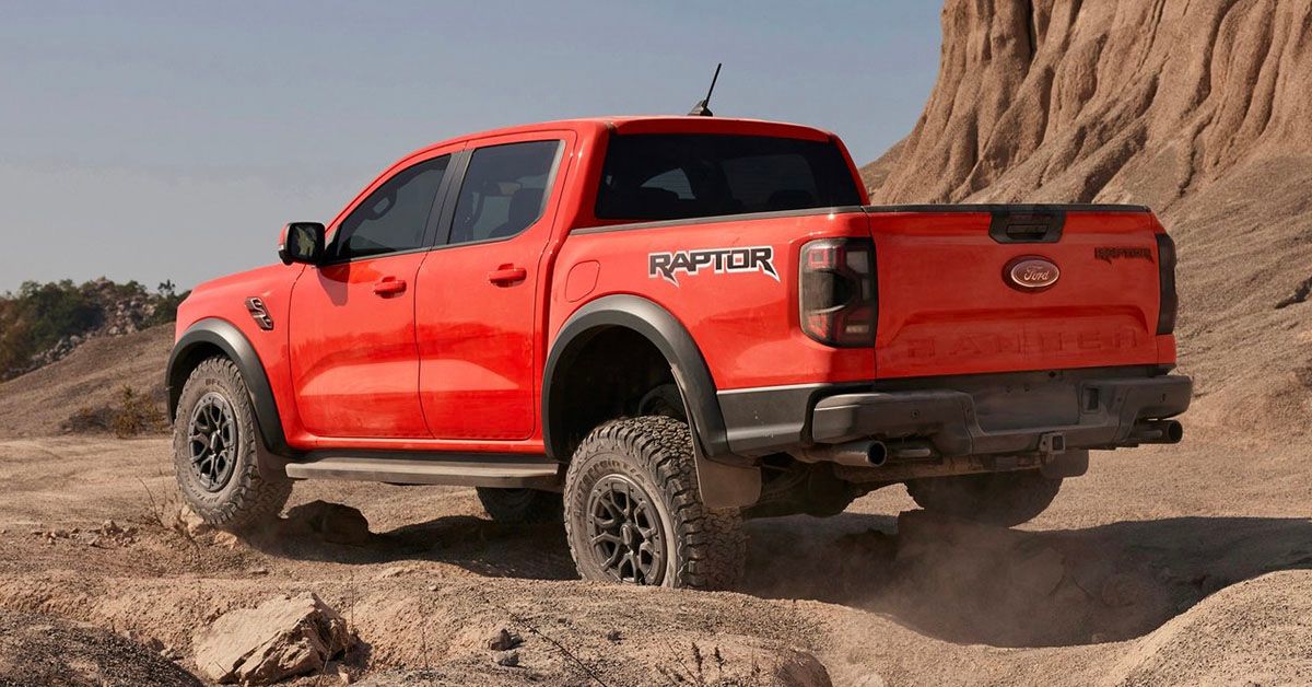 2023 Ford Ranger Raptor, Orange, Rear Quarter, Desert