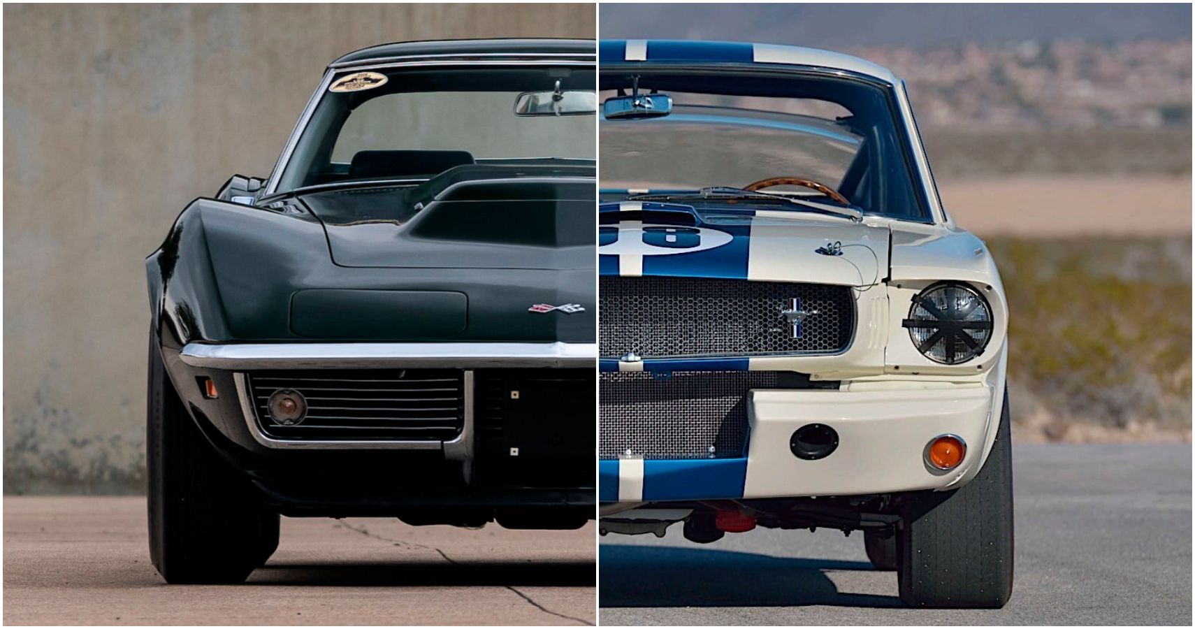 A Collage Of A 1965 Shelby Mustang GT350 And A 1968 Chevrolet Corvette L88 