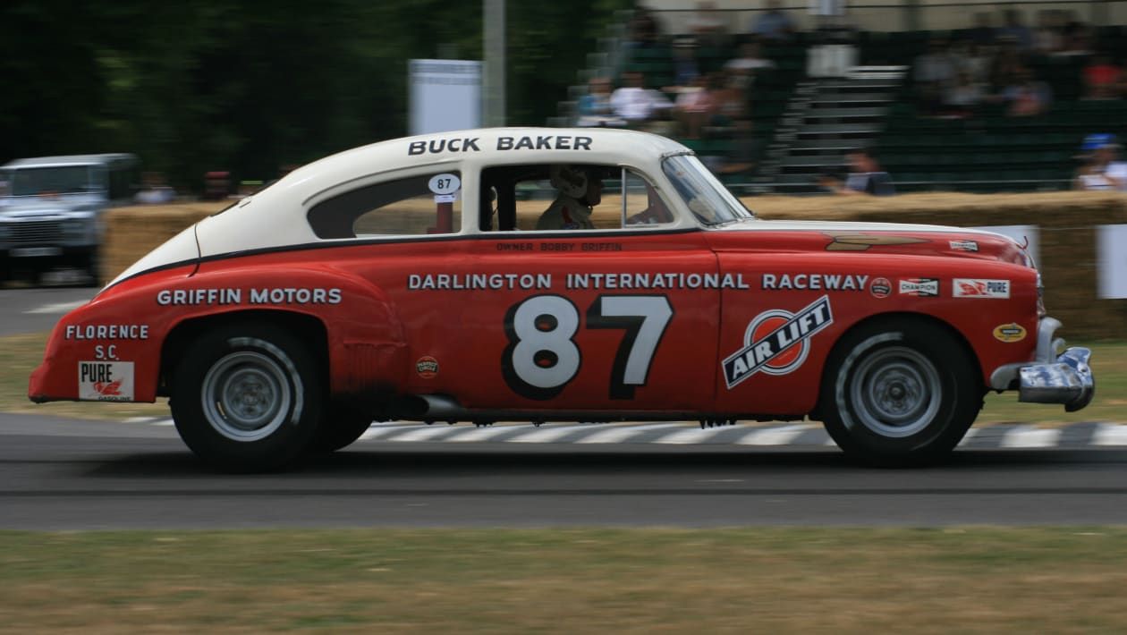 A Red 1949 Oldsmobile Rocket 88 On The Racetrack 