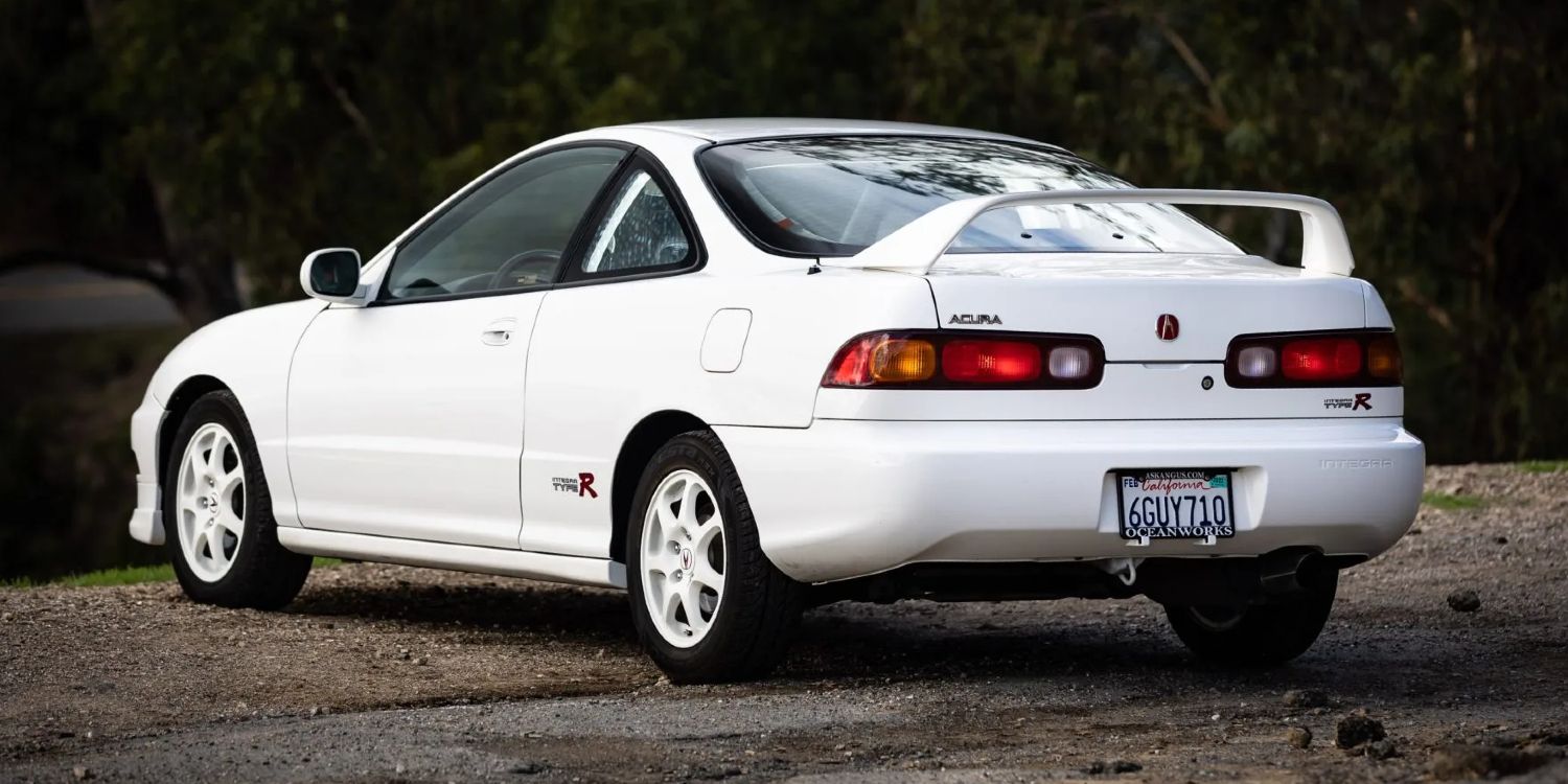 Rear 3/4 view of a white Integra Type R