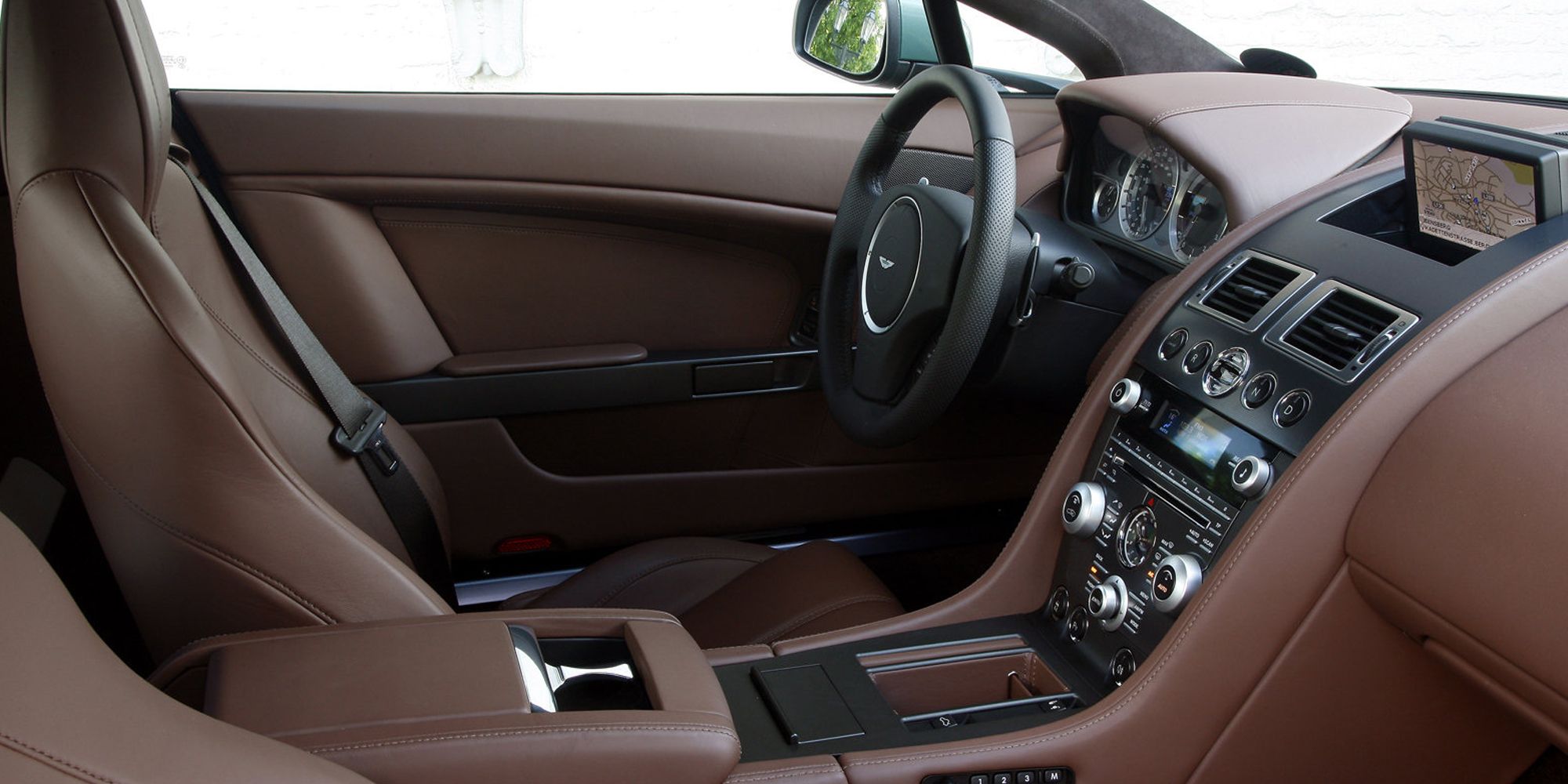 The interior of the V8 Vantage, brown leather