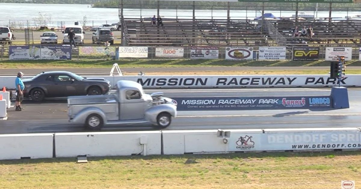 Dodge Demon vs Vintage Pickup Drag Race Via YouTube via Wheels