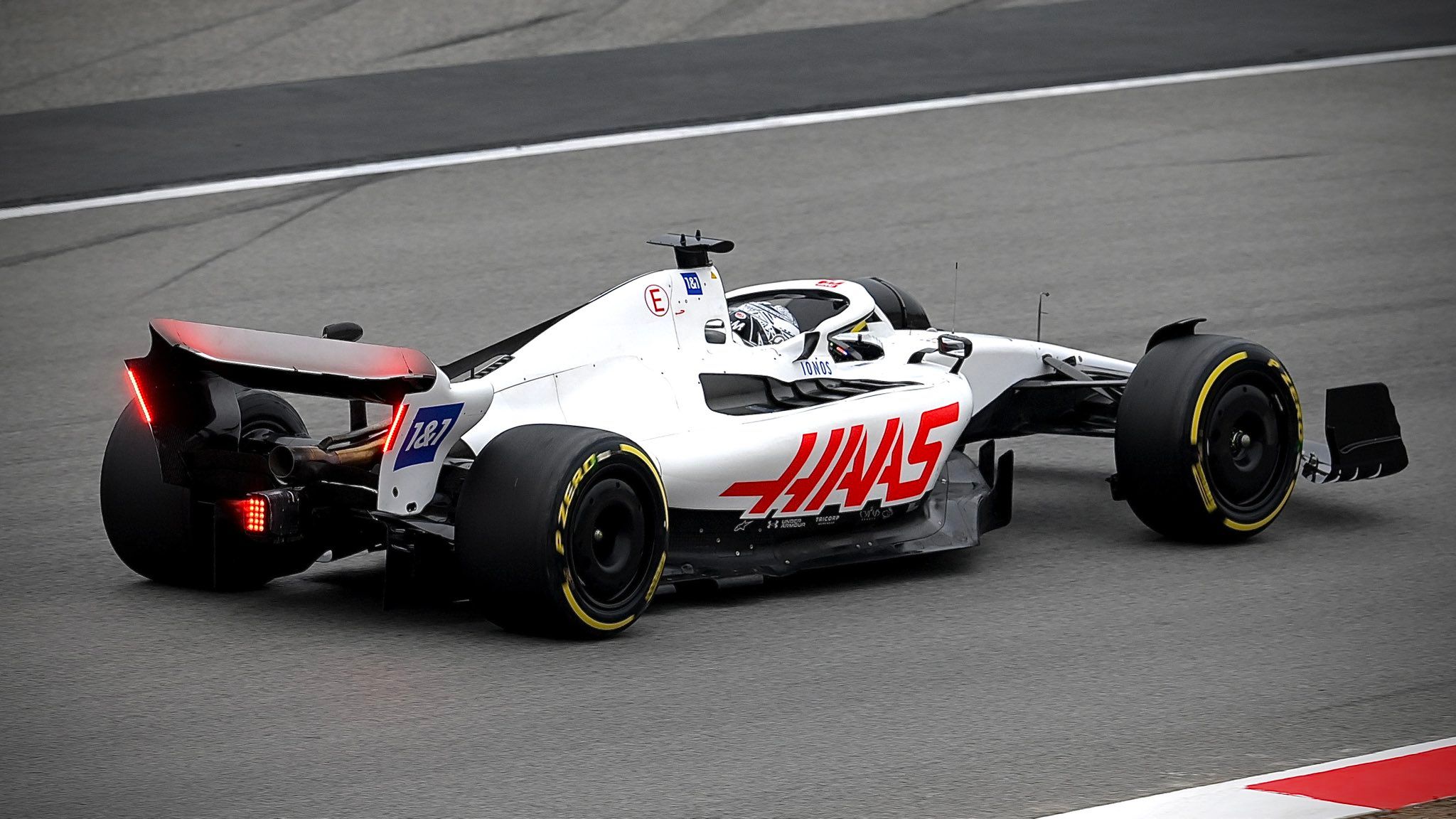 Haas VF22 Rear View Barcelona Testing 2022