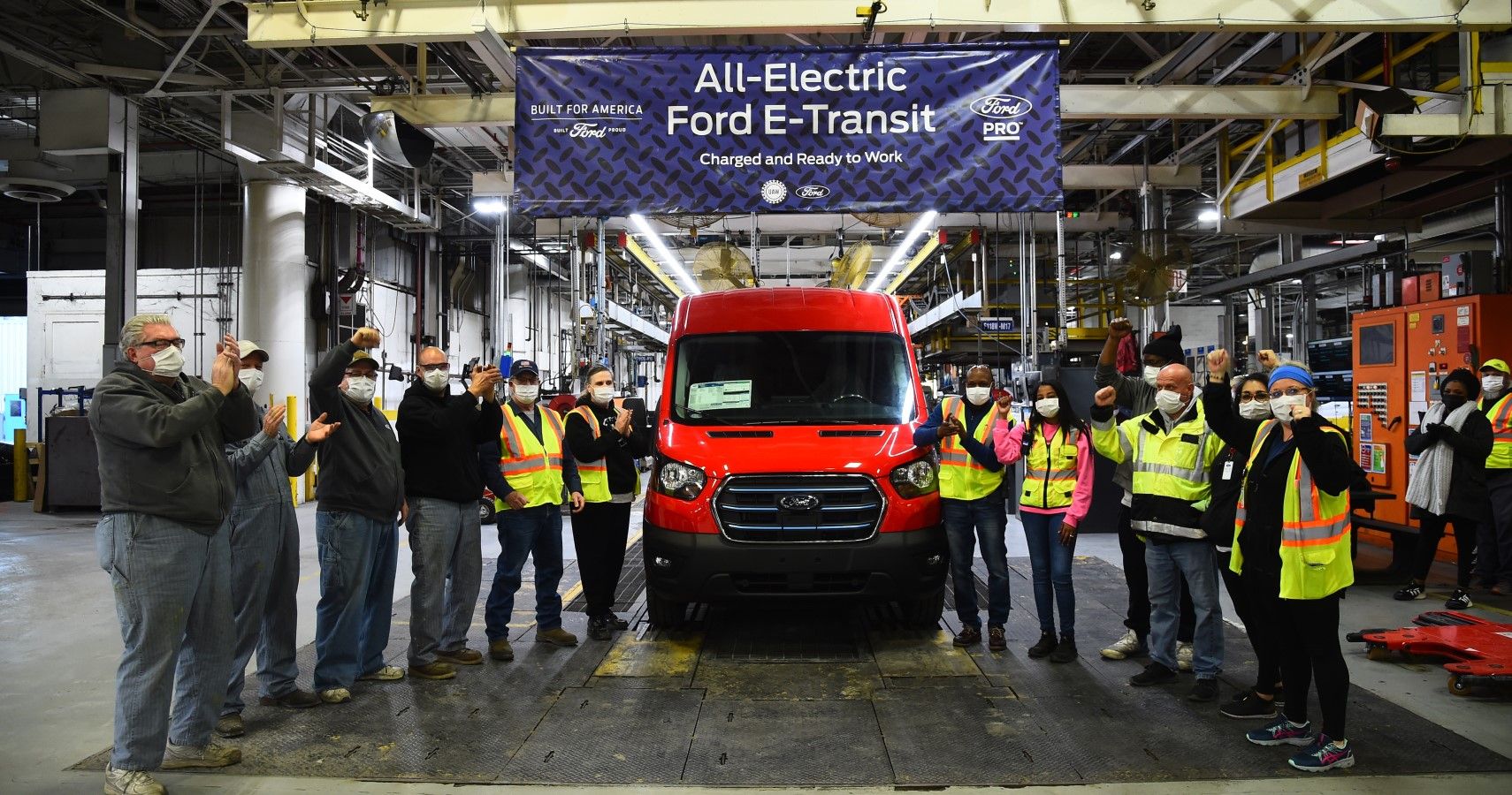 The first Ford E-Transit rolling of the production line