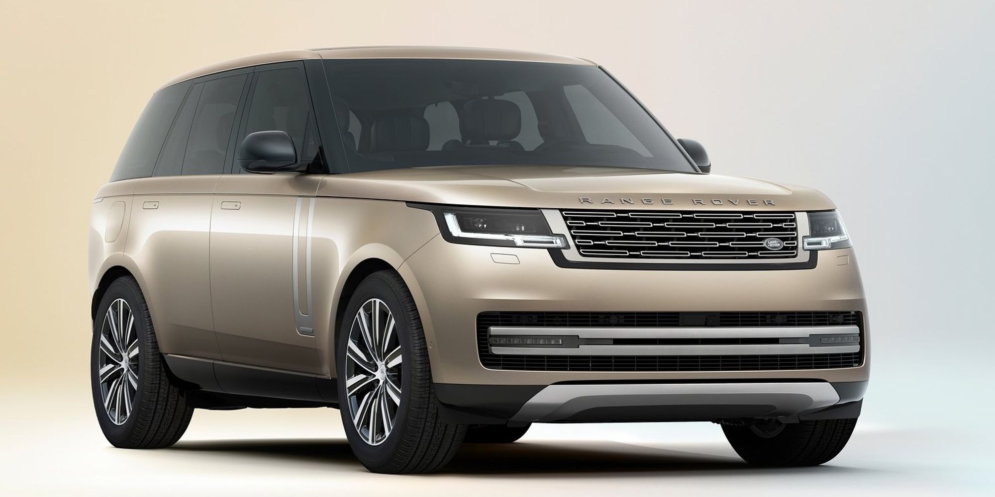 Front 3/4 view of a gold Range Rover, studio render