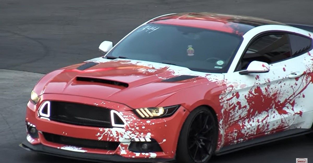 Mustang GT white and red graphic, before drag race