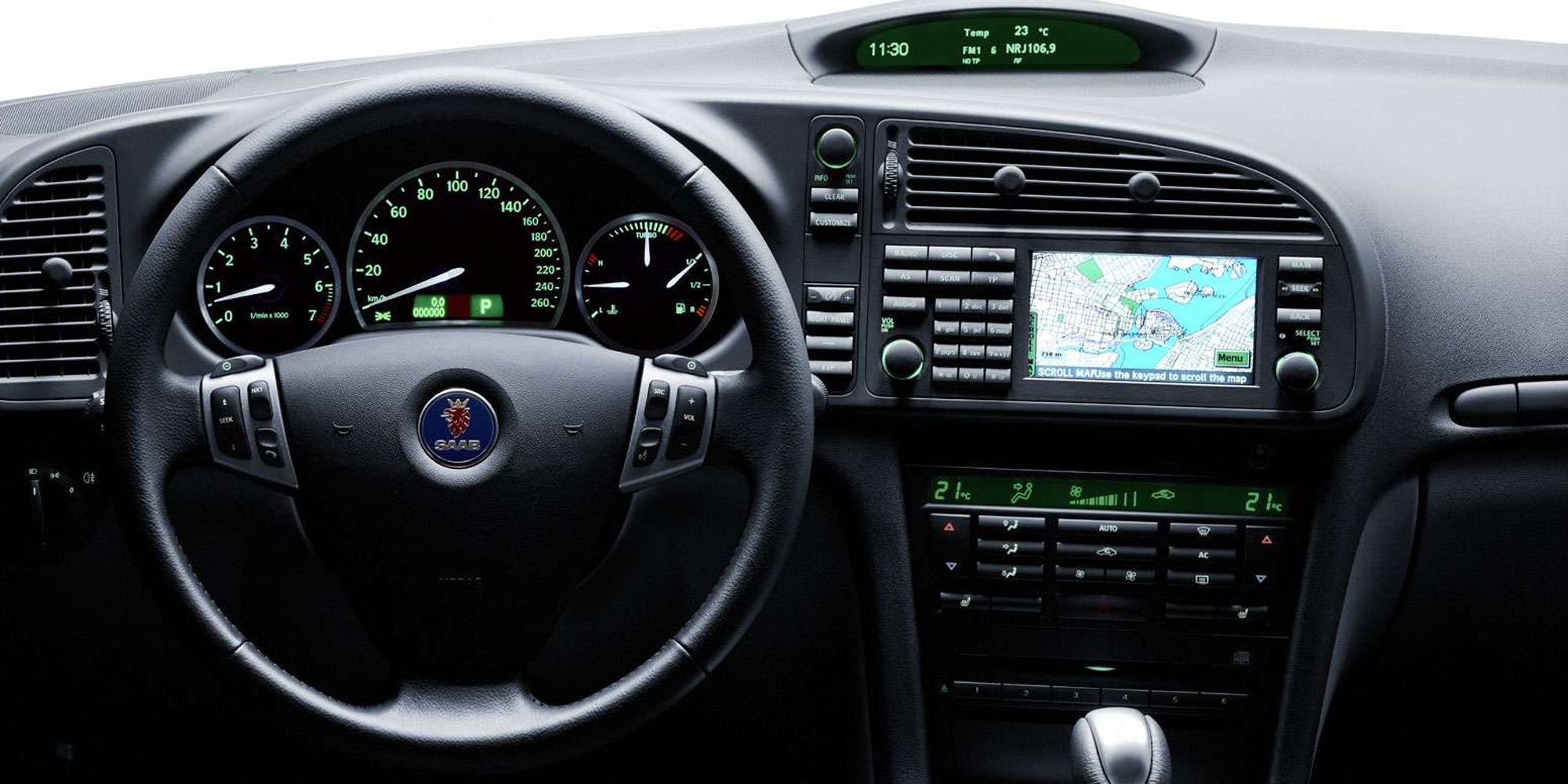 The interior of the Saab 9-3, from the driver's seat