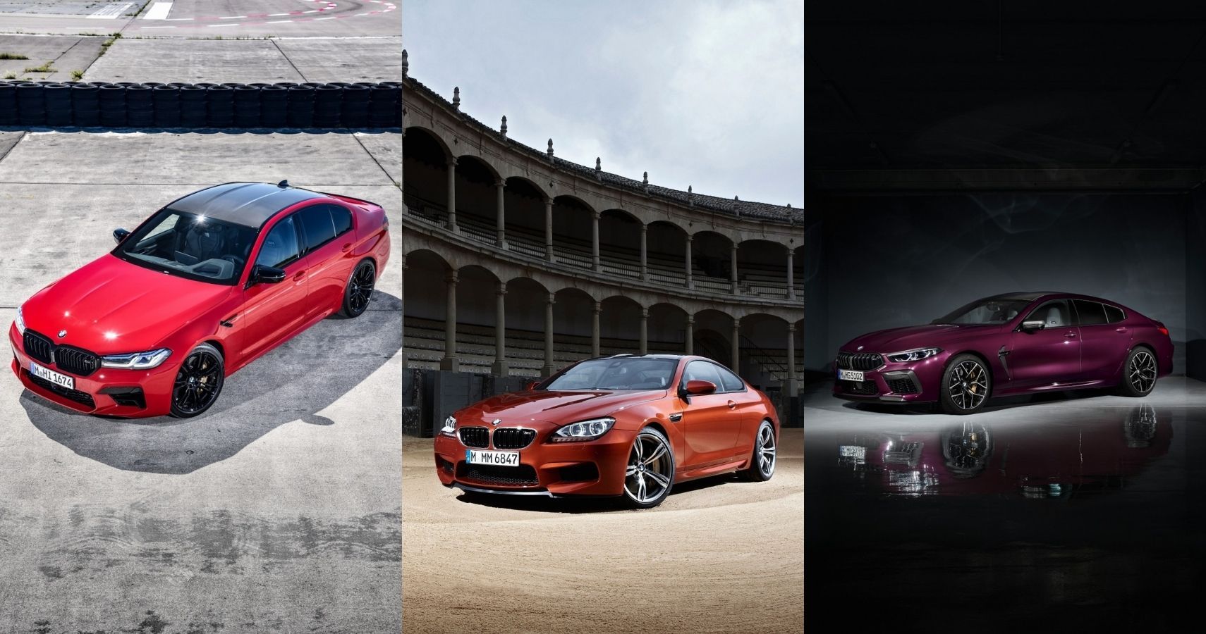 BMW M5, M6, and M8 front third quarter collage image