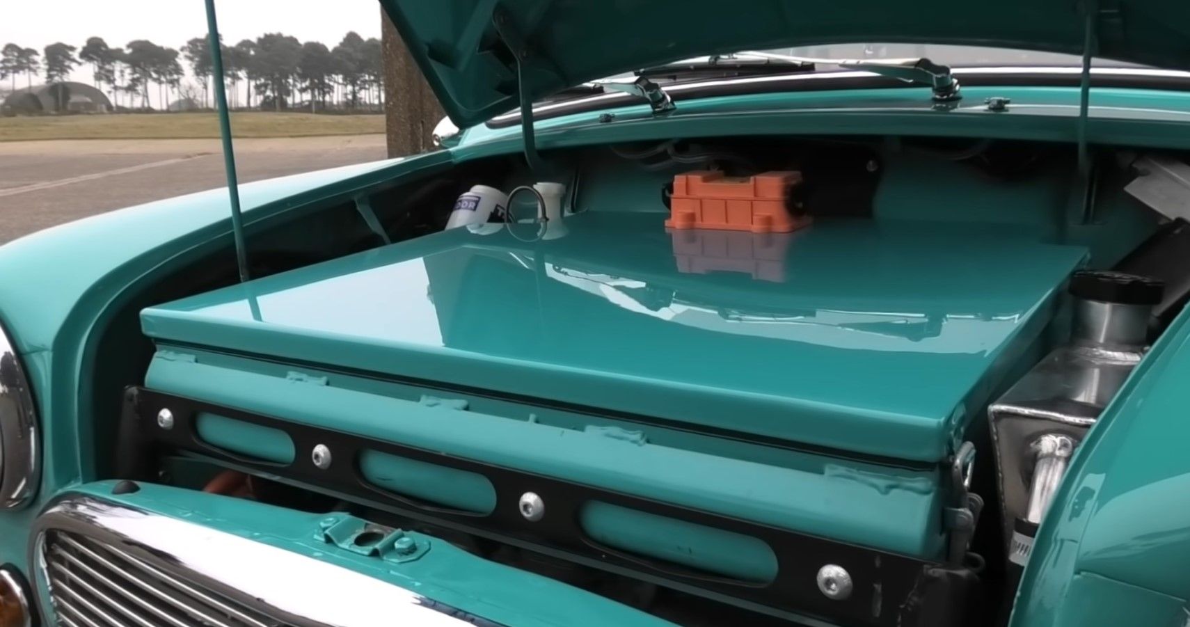 Classic Mini EV battery pack under the hood