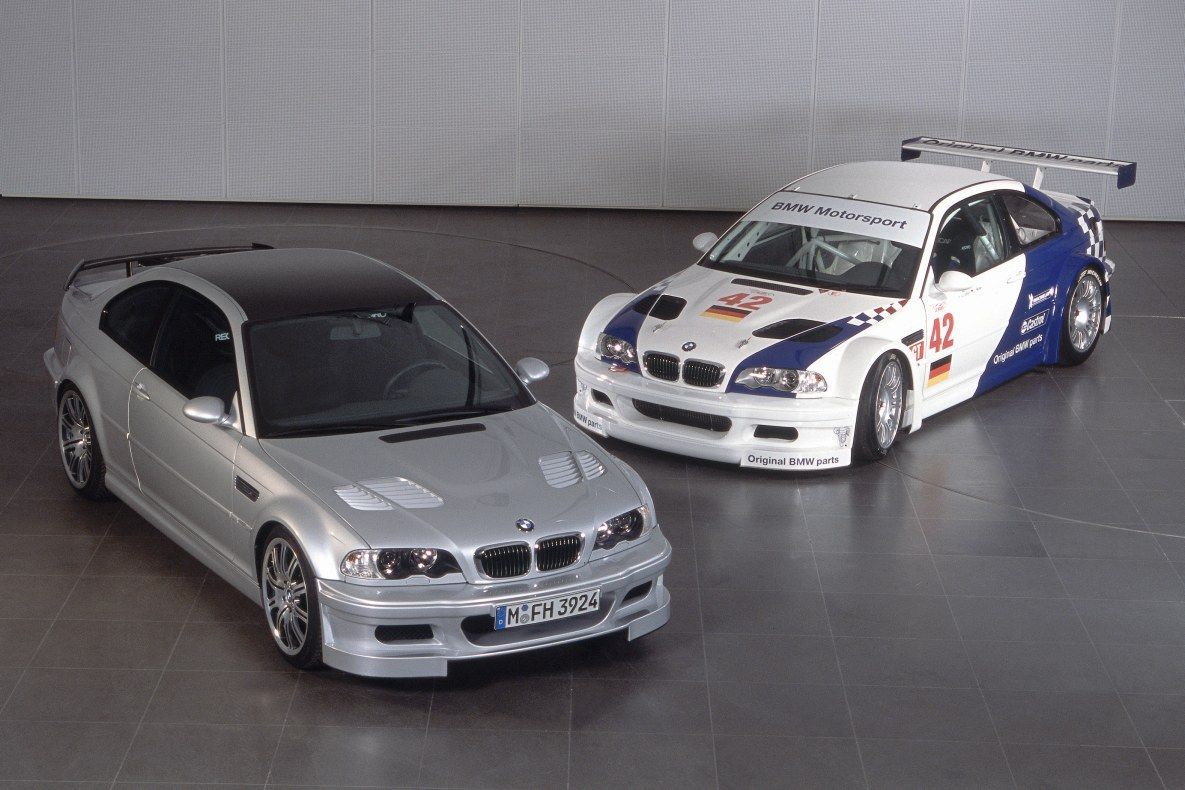 The 2001 BMW M3 GTR Race Car and its street legal version on display.