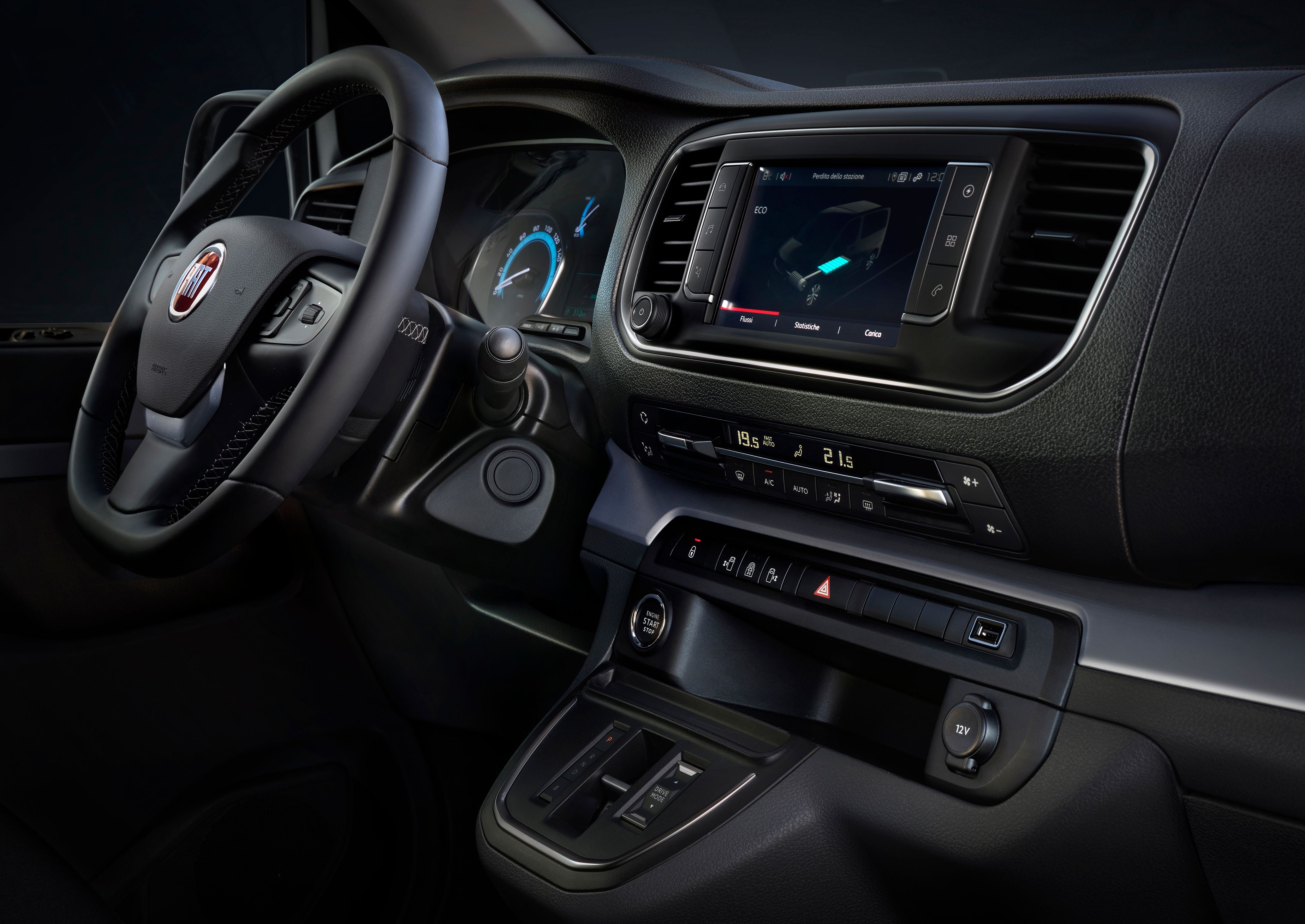 Fiat E-Ulysse interior, dashboard and driver's wheel, black, night