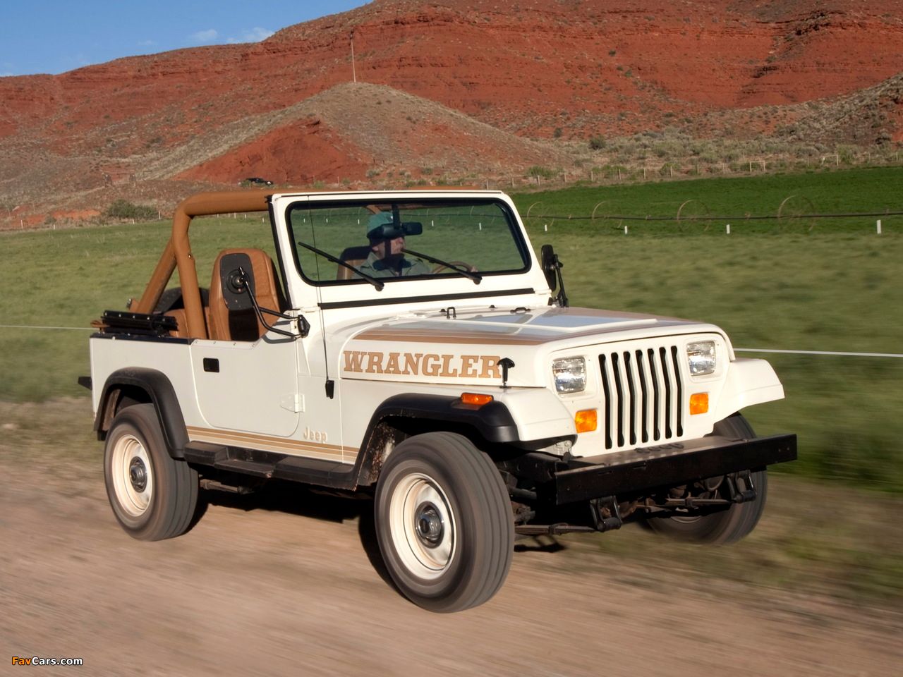 1987 Jeep Wrangler YJ near the mountains, white