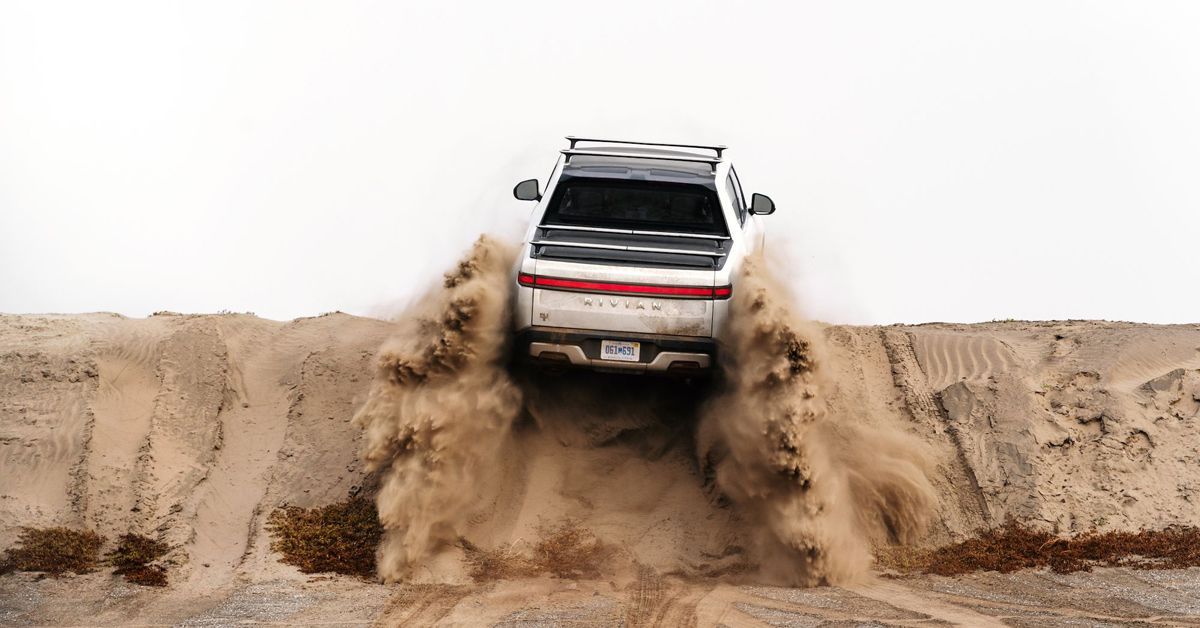 Off-roading with the white Rivian R1T