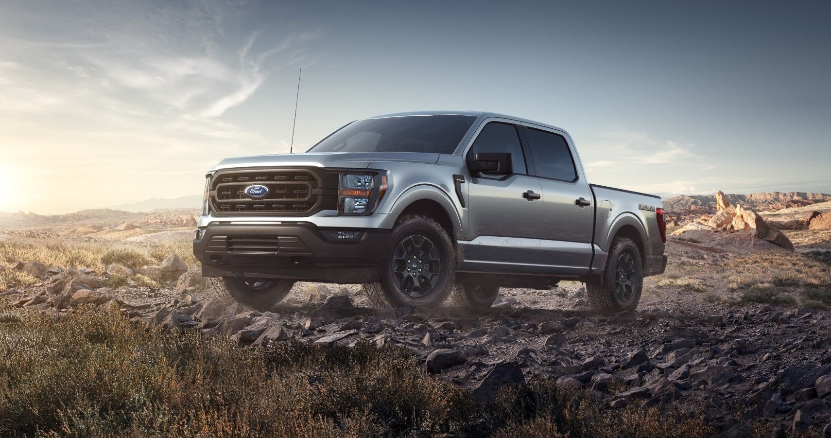 2023 Ford F-150 Rattler front third quarter on rocky terrain view