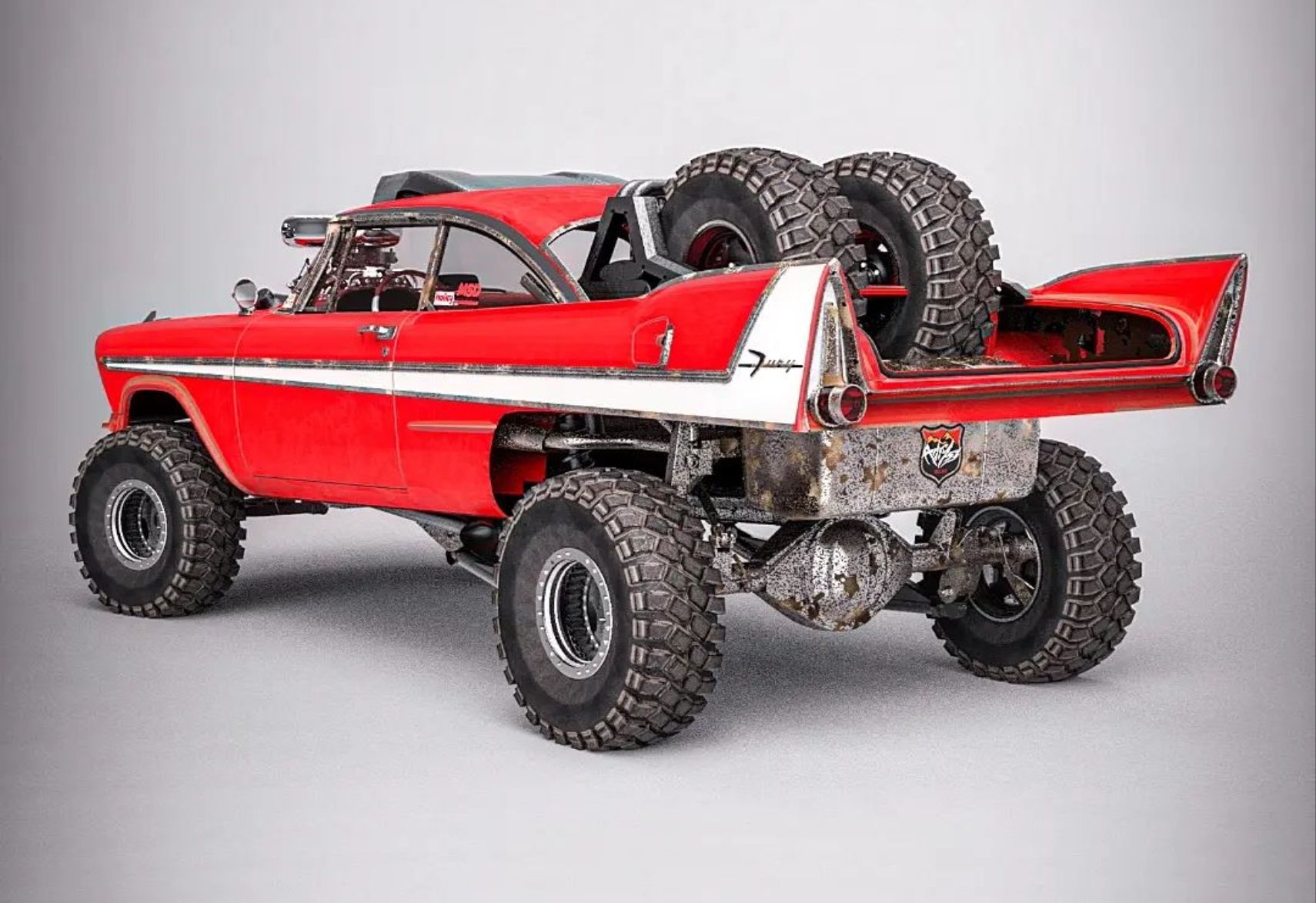 Plymouth Fury Mad Max Rendering Rear Quarter View With Spare Tires